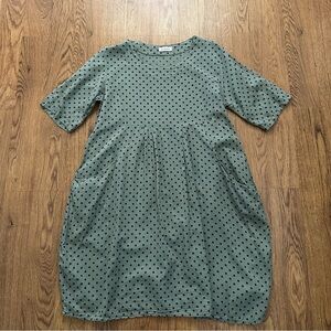 Nina Kendosa Green Polka Dot Lagenlook Short Sleeve Pleated Cotton Dress O/S